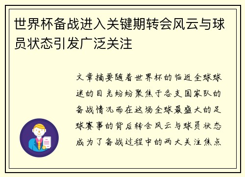 世界杯备战进入关键期转会风云与球员状态引发广泛关注
