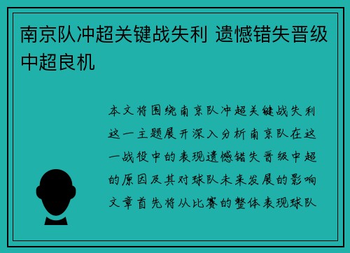 南京队冲超关键战失利 遗憾错失晋级中超良机
